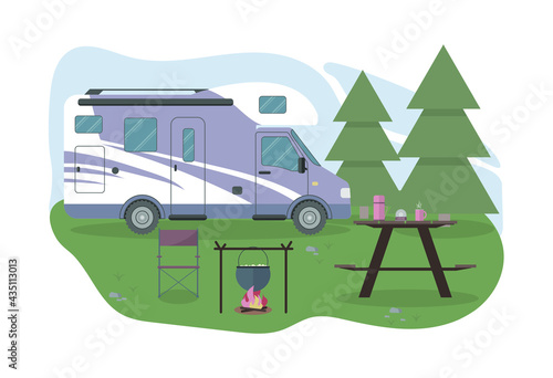 Caravan or camper in the forest. Local summer vacation. Concept vector illustration in flat style in pink, purple, green and blue colors.