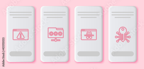 Set line Browser with exclamation mark, Folder password, incognito window and Smart key. White rectangle button. Vector