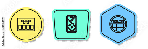 Set line Taximeter, City map navigation and car roof. Colored shapes. Vector