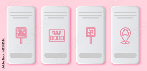 Set line Road sign for a taxi stand, Taximeter, Airport and Location with. White rectangle button. Vector