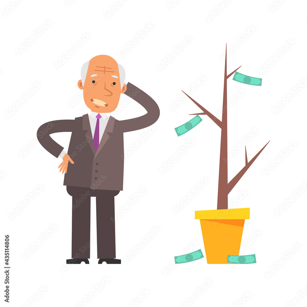 Money Tree. Old businessman puzzled and upset. Vector characters Money Tree. Old businessman puzzled and upset. Vector characters