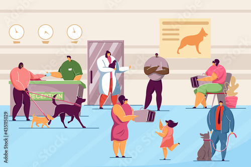 Animal clinic with pets and visitors flat vector illustration. Veterinary hospital interior with doctors and patients caring about dogs and cats. Animal, pets, medical care, veterinary concept © Bro Vector