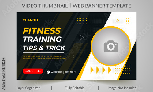 Fitness gym training class thumbnail design for any videos. Fitness gym customizable video thumbnail and web banner template. Video cover photo template for social media