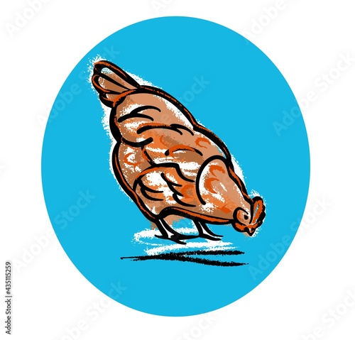 A young red hen pecks at the grain. Color illustration of the logo in a bright blue circle. Drawing sketch in pastel.
