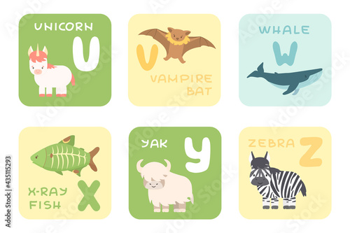 Cute U-Z alphabet cards with cartoon rainforest sea ocean African animals. Vector zoo illustrations. Unicorn, vampire bat, whale, x-ray fish, yak, zebra animals, flat style