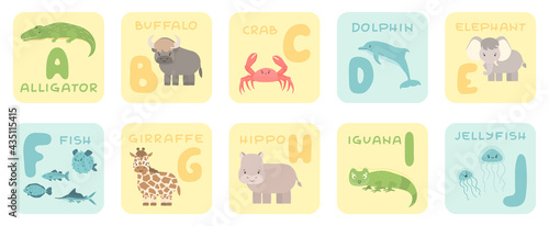 Cute A-J alphabet cards with cartoon rainforest jungle African animals. Vector zoo illustrations. Alligator, buffalo, crab, dolphin, fish, giraffe, hippo, iguana, jellyfish. Flat style