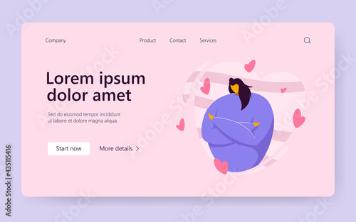 Love yourself and body positive concepts. Happy woman surrounded by hearts hugging herself, expressing love, confidence, and care. Flat vector illustration