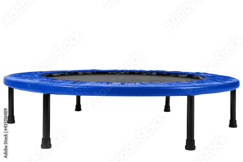 round fitness trampoline on legs, for training or for children, on a white background, side view