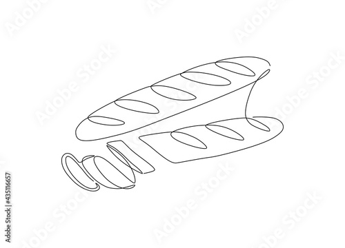 One continuous line drawing of French baguette. Simple linear sketch of long loaf bread, bakery concept for logo. Vector illustration