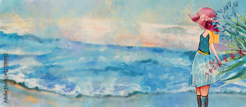 Walk by the sea. Watercolor background