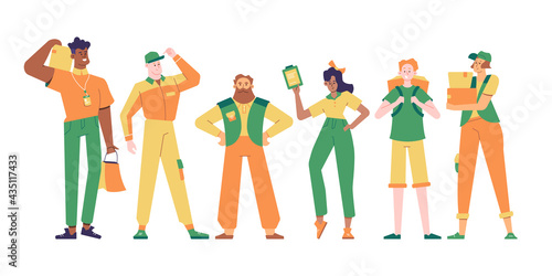 Couriers and movers. A group of people. A set of characters. Delivery workers. Vector flat illustration.