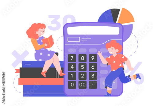 Children and math. Financial literacy. The girl reads a book, the boy runs happily. Calculator, graphs, numbers. Vector flat illustration.