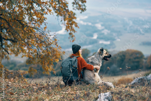 woman hiker next to a dog in the mountains admires the nature landscape