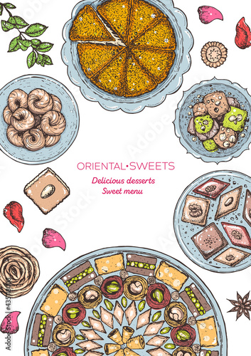 Oriental sweets vector illustration, top view. Middle eastern food, hand drawn. Colorful design template. Food menu background.