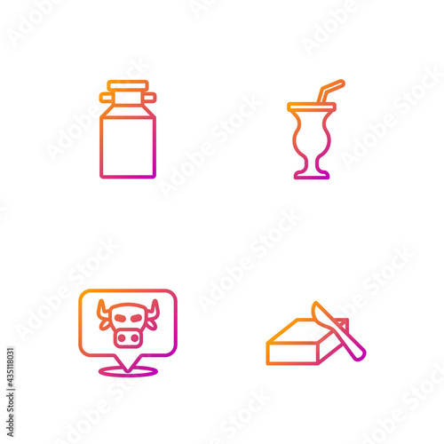 Set line Butter in a butter dish, Cow head, Can container for milk and Milkshake. Gradient color icons. Vector