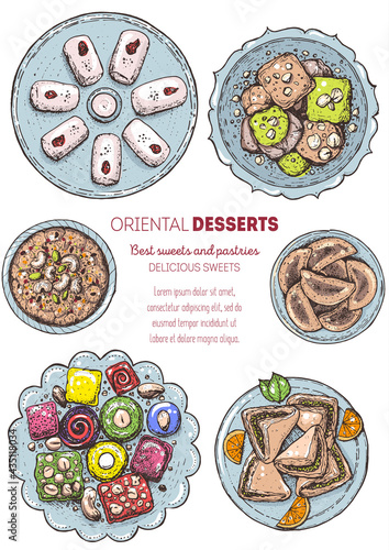 Oriental sweets vector illustration, top view. Middle eastern food, hand drawn. Food menu background. Colorful design template. EPS10