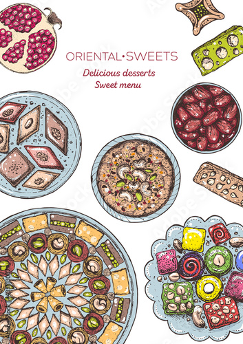 Oriental sweets vector illustration, top view. Middle eastern food, hand drawn. Food menu background. Colorful design template. EPS10
