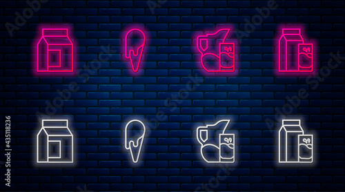 Set line Ice cream in waffle cone, Milk jug or pitcher and glass, Paper package for milk and kefir. Glowing neon icon on brick wall. Vector