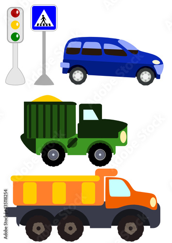Toy cars for scrapbooking, collages, applications, truck, traffic light, pedestrian crossing, dump truck, passenger car svg
