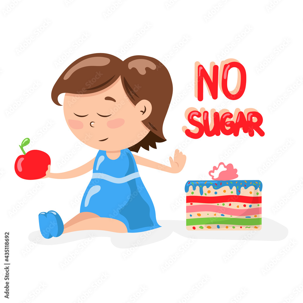 Child girl, woman with apple, refuses cake. The concept of healthy food without sugar and sweets. The idea of a diet and healthy food for a diabetic. Child girl, woman with apple, refuses cake. The concept of healthy food without sugar and sweets. The idea of a diet and healthy food for a diabetic.