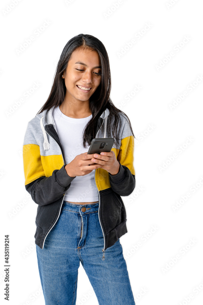 Attractive straight haired woman checking messages on a cell phone or smartphone on a pure white background. studio shot Attractive straight haired woman checking messages on a cell phone or smartphone on a pure white background. studio shot