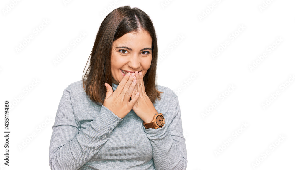 Young beautiful woman wearing casual turtleneck sweater laughing and embarrassed giggle covering mouth with hands, gossip and scandal concept Young beautiful woman wearing casual turtleneck sweater laughing and embarrassed giggle covering mouth with hands, gossip and scandal concept