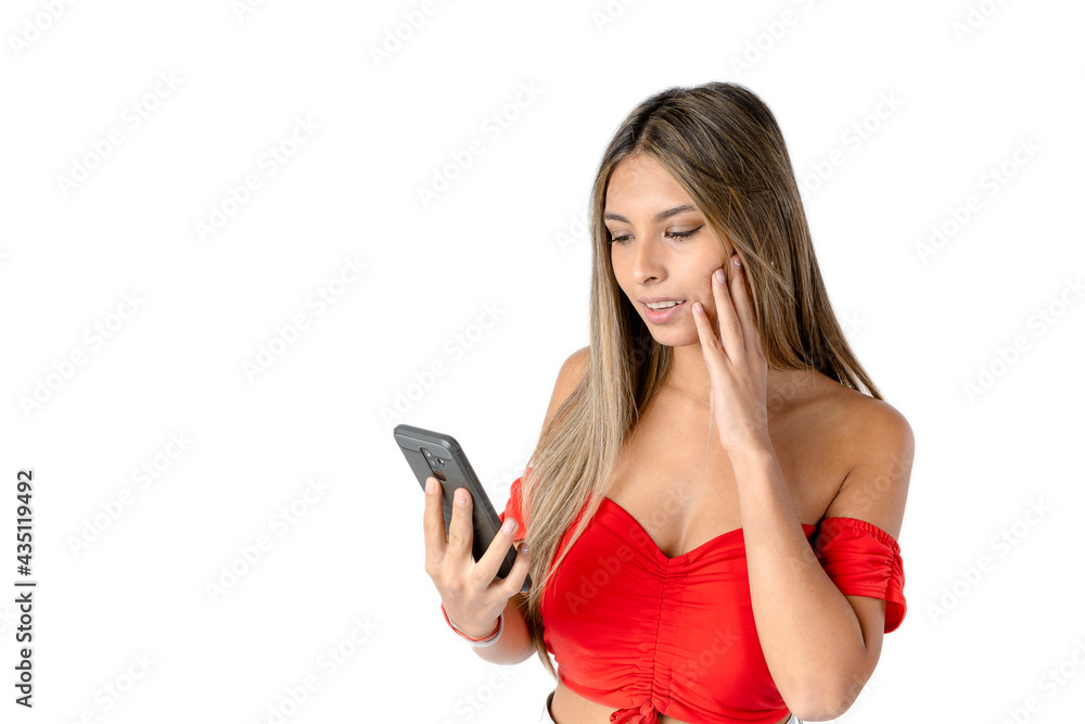 Attractive straight haired woman checking messages on a cell phone or smartphone on a pure white background. studio shot Attractive straight haired woman checking messages on a cell phone or smartphone on a pure white background. studio shot