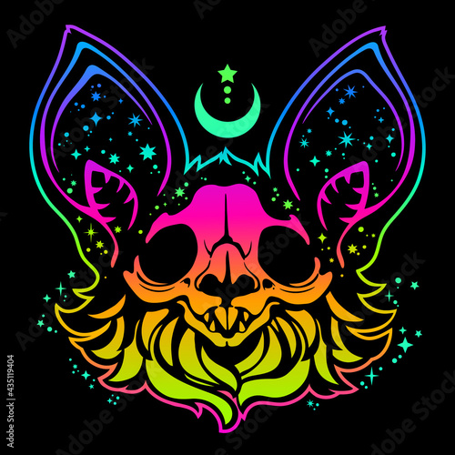 bat head in a bright multicolored palette with cosmic motifs