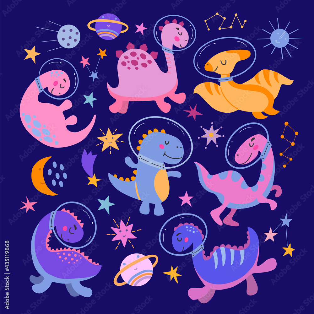 Set of cute cartoon dinosaurs in space. Vector graphics on a dark blue background. Bright childish image for the design of covers of notebooks, packaging, posters, postcards, prints for pillow