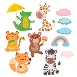 Set of cute cartoon animals, rainbows and clouds in vector graphics, isolated on white background. For the design of postcards, posters, banners, covers, prints for mugs, t-shirts