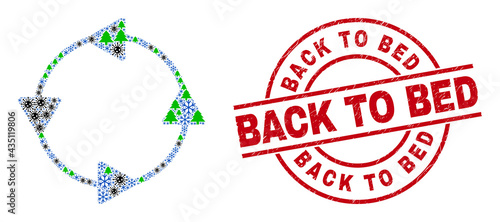 Winter coronavirus collage CCW circulation arrows, and Back to Bed red round stamp seal. Collage CCW circulation arrows is formed with virus, fir tree, and ice crystal items.