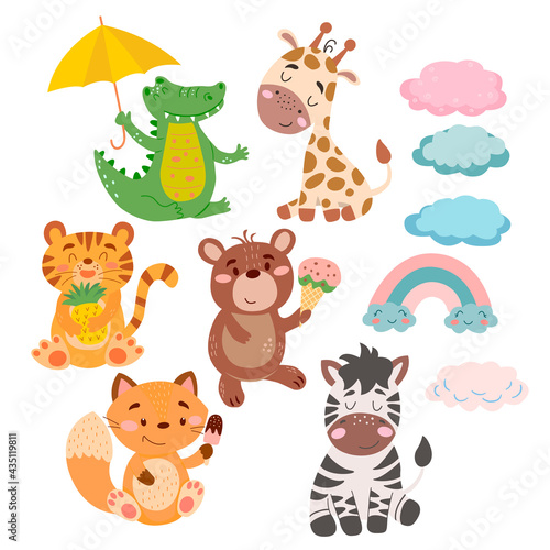 Set of cute cartoon animals  rainbows and clouds in vector graphics  isolated on white background. For the design of postcards  posters  banners  covers  prints for mugs  t-shirts