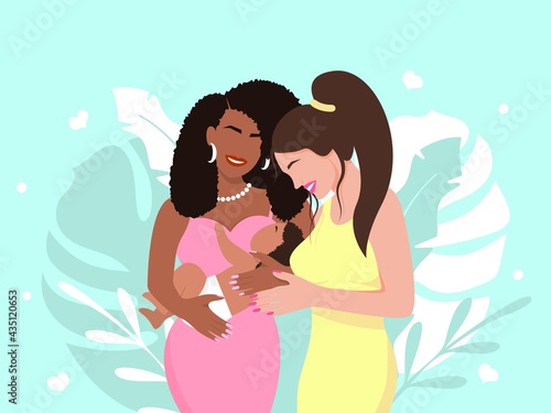 Lesbian couple with baby. African american woman holds beautiful toddler white girl hugs her. Loving homosexual family with long awaited eco vector child