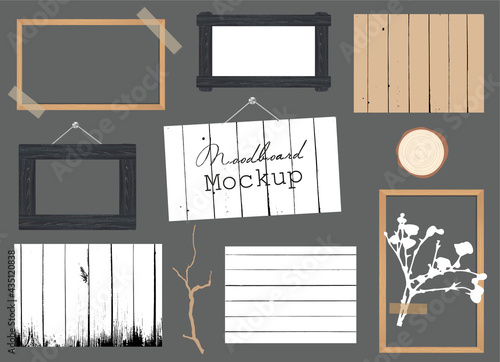 Set of of different wooden frames on sticky tape, wood boards texture, tree branch, tree ring, flower twig. Mockup for modern design. Vector 3d realistic. Blank template collection. EPS10.