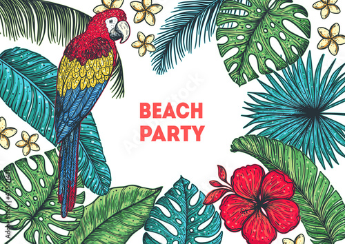 Tropical design template. Hello summer frame. Parrot, palm leaves and flowers vector illustration. Summer design.