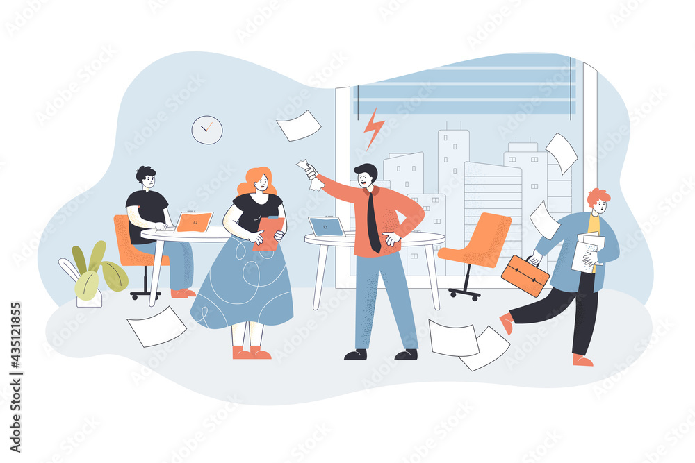 Angry boss shouting at workers in office. Flat vector illustration. Nervous boss unsatisfied with work done, scolding his subordinates, while chaos in office. Business, conflict, management concept