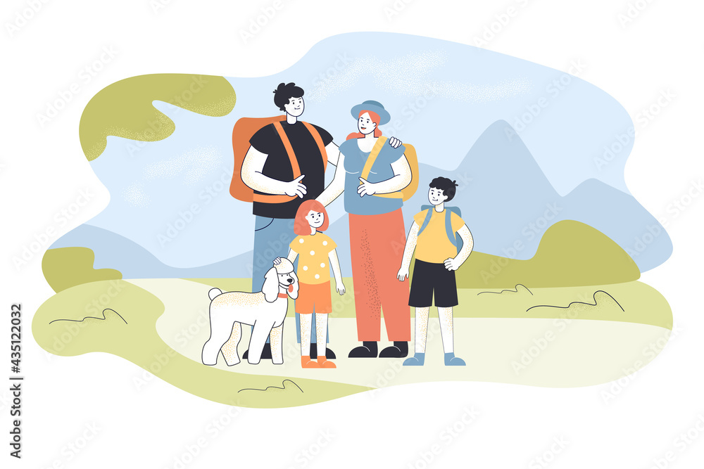 Happy family hiking together outdoors. Flat vector illustration. Mother, father, children with dog walking in mountain landscape. Family holiday, summer, adventure, nature, tourism concept for design Happy family hiking together outdoors. Flat vector illustration. Mother, father, children with dog walking in mountain landscape. Family holiday, summer, adventure, nature, tourism concept for design