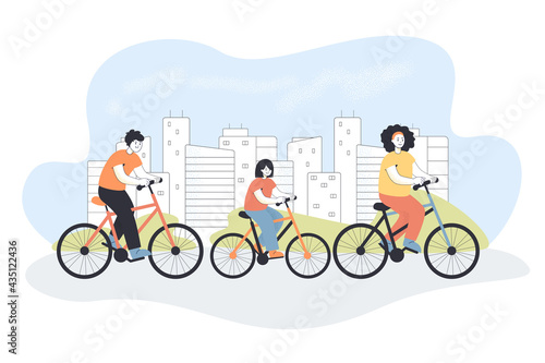 Happy family riding bikes together. Flat vector illustration. Mother, father and daughter on bikes spending time together outdoors in city background. Family, leisure, healthy lifestyle concept