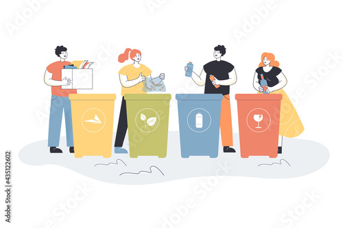 Cartoon people sorting trash flat vector illustration. People putting garbage in different trash cans or containers for glass, paper, plastic, food waste. Recycling, waste sorting, ecology concept