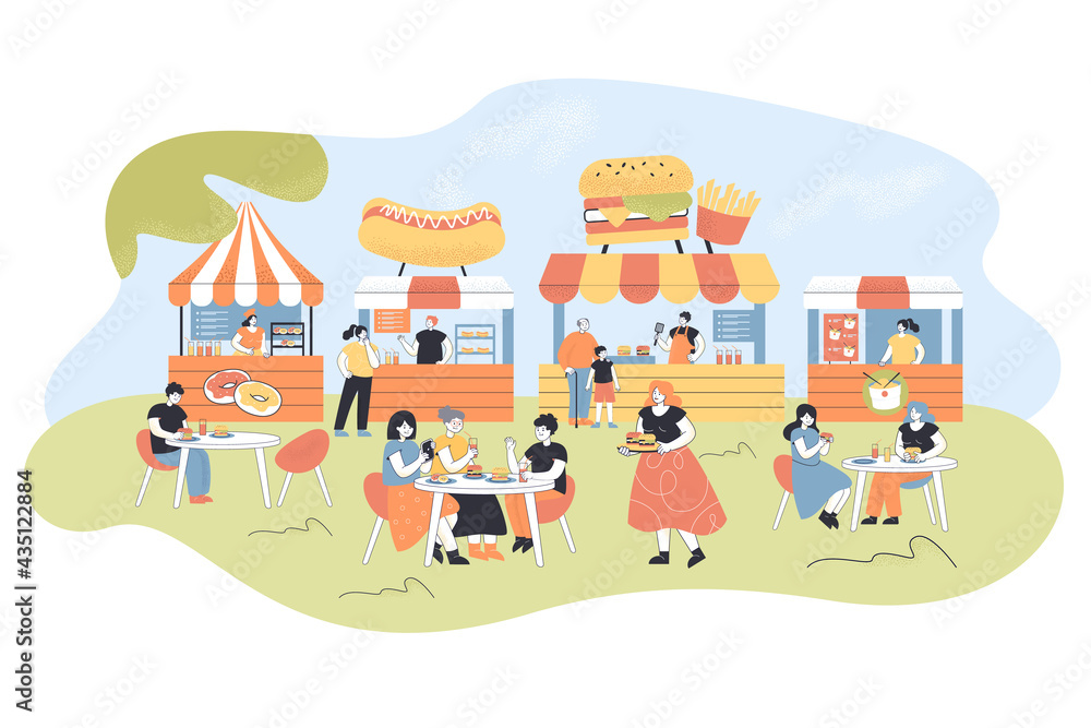 People eating at food court. Flat vector illustration. Cartoon characters spending time with friends, buying different fast food, pizza, burgers, Chinese food. Fast food, cafe, family, weekend concept People eating at food court. Flat vector illustration. Cartoon characters spending time with friends, buying different fast food, pizza, burgers, Chinese food. Fast food, cafe, family, weekend concept