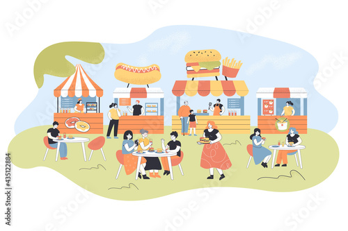 Fototapeta Naklejka Na Ścianę i Meble -  People eating at food court. Flat vector illustration. Cartoon characters spending time with friends, buying different fast food, pizza, burgers, Chinese food. Fast food, cafe, family, weekend concept