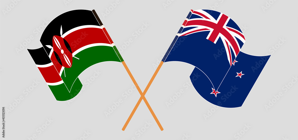 Crossed and waving flags of Kenya and New Zealand