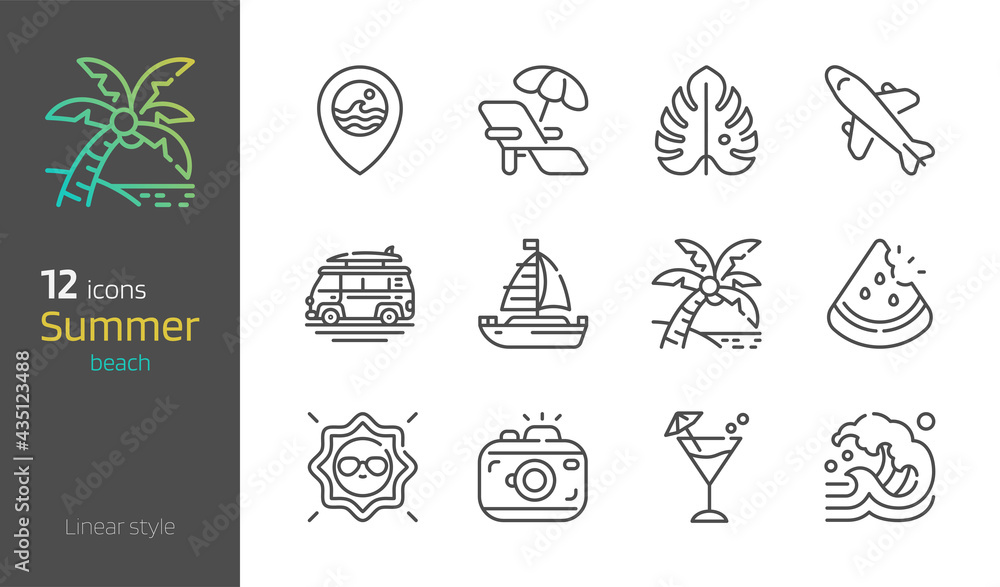 Summer beach thin linear icon set vector illustration. Summer beach thin linear icon set vector illustration.