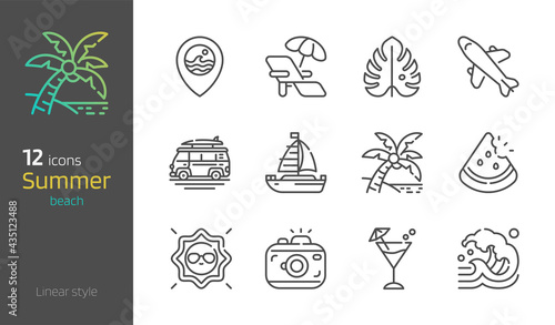 Summer beach thin linear icon set vector illustration.