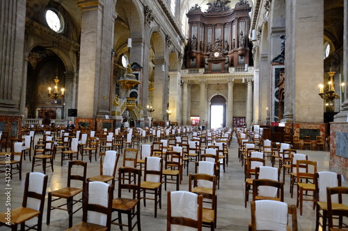 The chairs disposal at the Saint-Sulpice parisian church, during the coronavirus pandemic. Paris, France the 22th May 2021.