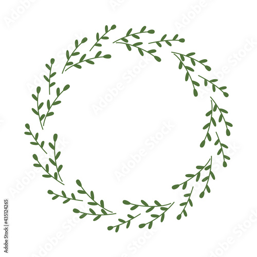 A simple round wreath of branches with small leaves. Elegant border with place for text. Floral frame with green twigs. Plant design for logotype, tag, congratulations, decoration. Vector illustration