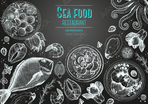 Vintage seafood frame vector illustration. Hand drawn with ink. Cooked seafood dish on the table top view. Engraved style image.