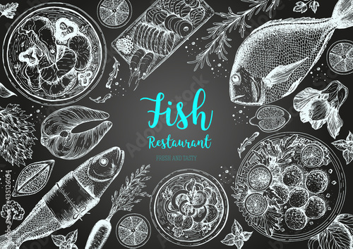 Vintage seafood frame vector illustration. Hand drawn with ink. Cooked seafood dish on the table top view. Hand drawn fish dishes, perch, oysters and shrimps. Engraved style image.