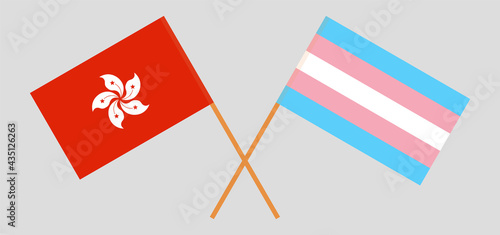 Crossed flags of Hong Kong and Transgender Pride. Official colors. Correct proportion