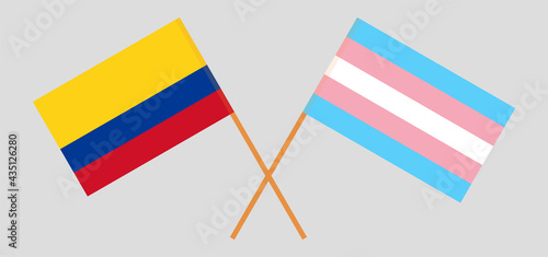 Crossed flags of Colombia and Transgender Pride. Official colors. Correct proportion